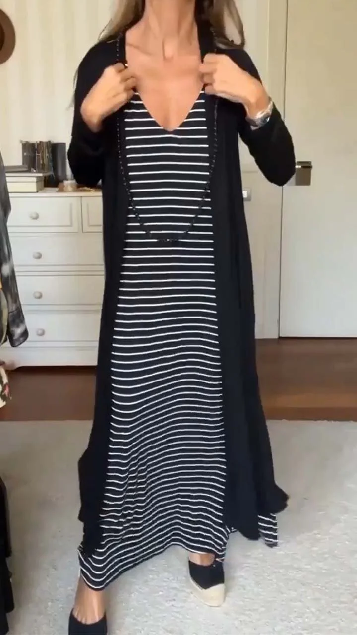 Women's Casual Striped Print Dress and Solid Black Cardigan